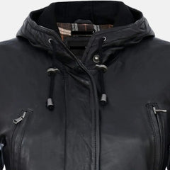 Quilted Women’s Leather Parka Jacket Hooded Trench Style