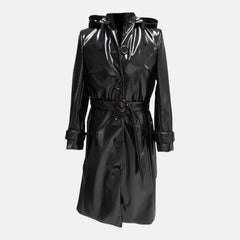 Women’s Stylish Shiny Leather Hooded Long Trench Raincoat