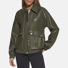 Faux Leather Lightweight Dad Bomber Flight Jacket Women