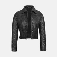Quilted Black Women’s Cropped Leather Bomber Jacket
