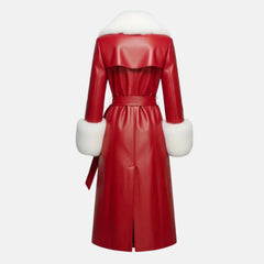 Christmas Red Leather Trench Coat Women