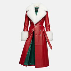 Christmas Red Leather Trench Coat Women