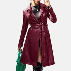 Women’s Leather Trench Coat Belted Loose Fit Open Front
