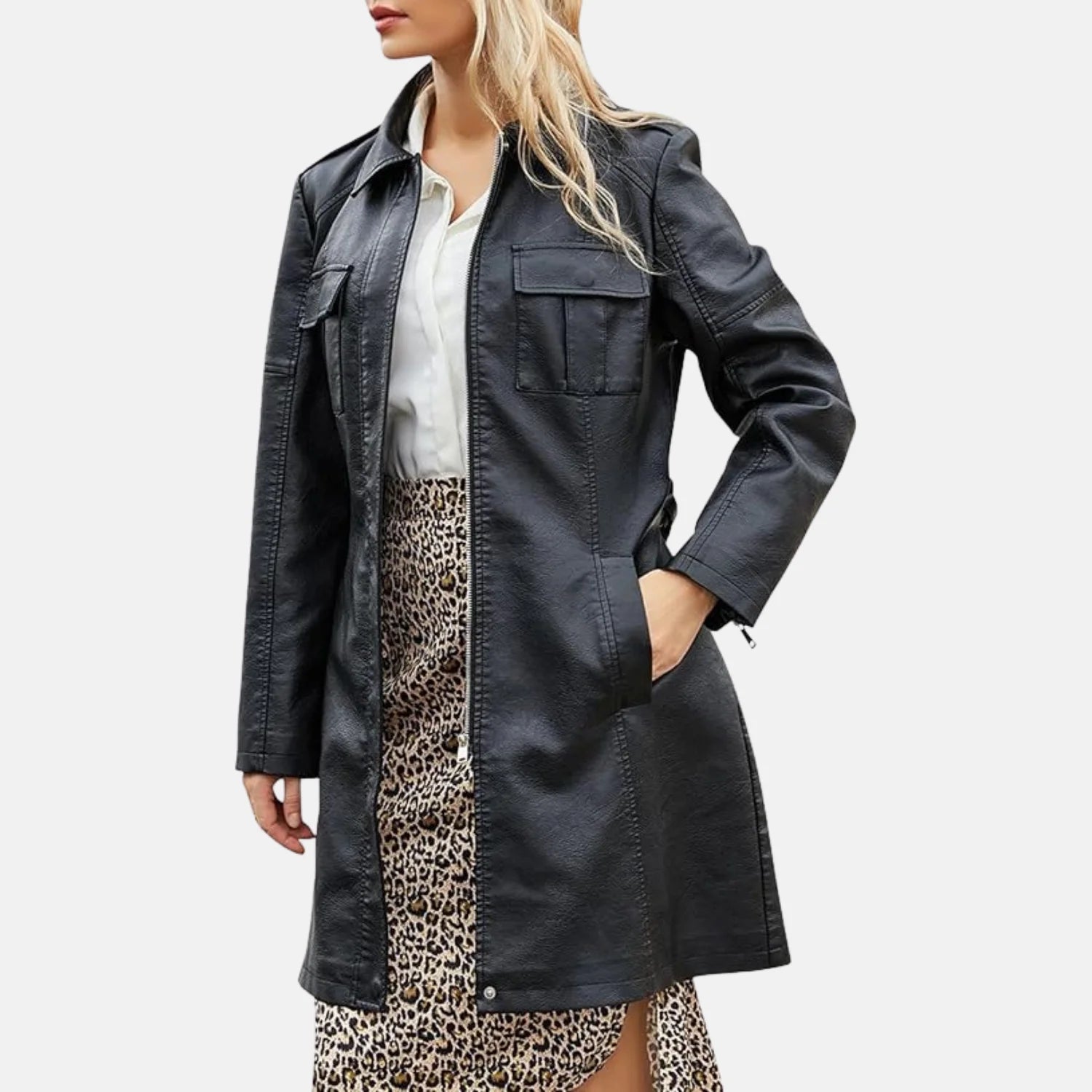 Women’s Leather Trench Coat Belted Long Sleeve Zip Lapel Overcoat