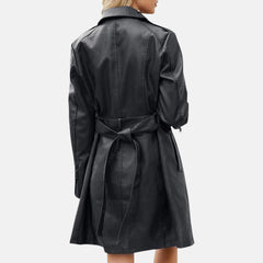 Women’s Leather Trench Coat Belted Long Sleeve Zip Lapel Overcoat
