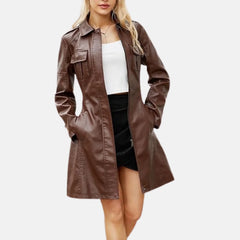 Women’s Leather Trench Coat Belted Long Sleeve Zip Lapel Overcoat