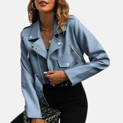 Cropped Casual Zip Leather Bomber Jacket for Women