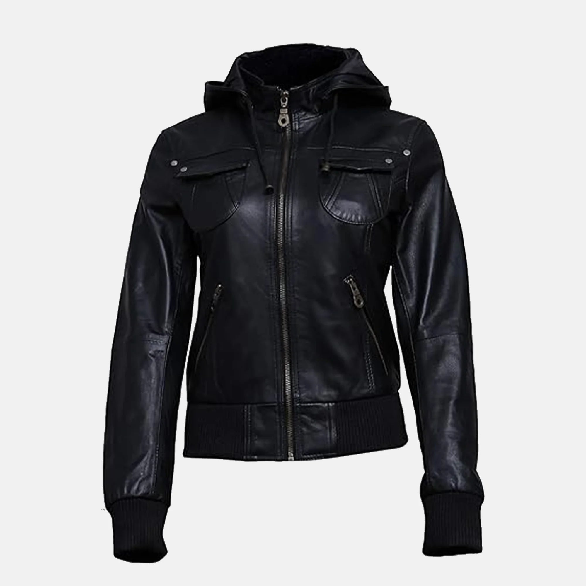 Emberlyn Hooded Leather Bomber Jacket for Women Order Now