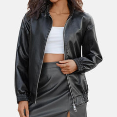 Evangeline Women’s Leather Bomber Jacket with Zipper