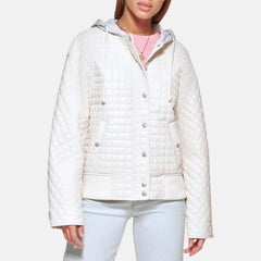 Faux Leather With Jersey Hood Box Quilted Jacket Women