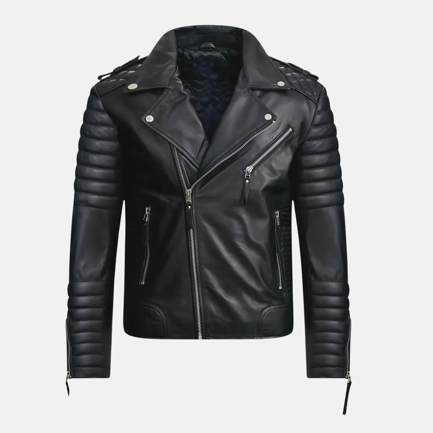 Quilted Sleeves Leather Zipper Coat