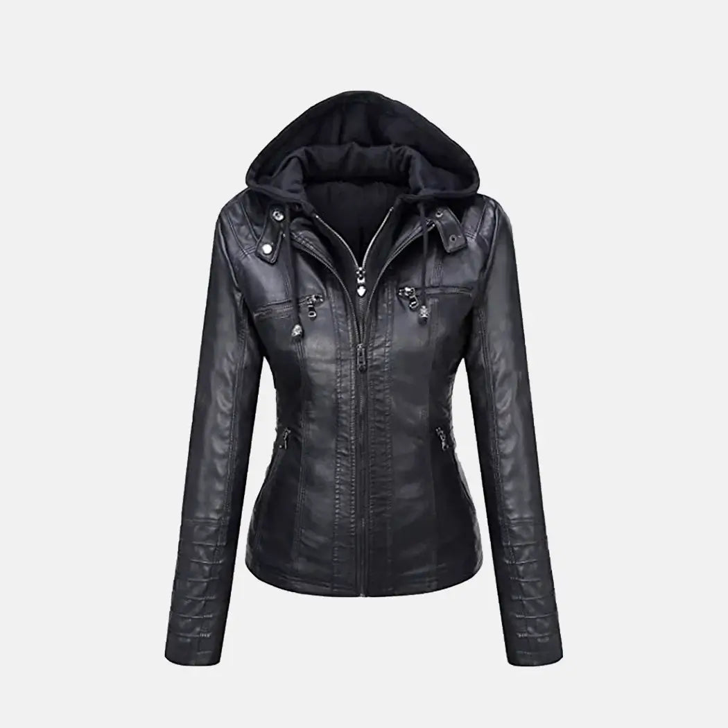 Lennox Lynx Female Leather Jacket with Hood Black XXS 30