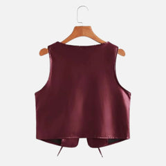 V-Neck Sleeveless Women’s Leather Outerwear Jacket
