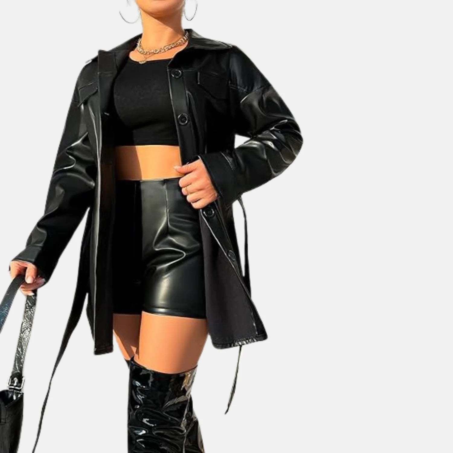 Women’s Leather Trench Coat Belted Open Front Style