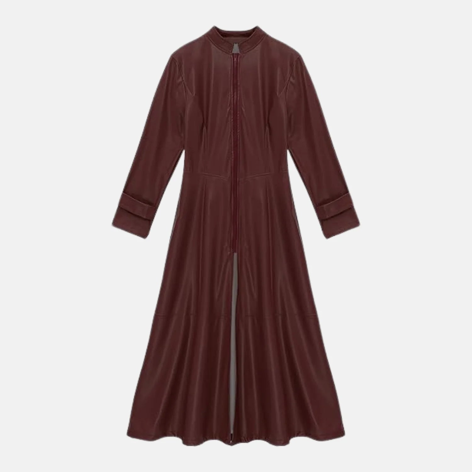 Women’s Full Zipper Ankle Length Leather Coat Long Sleeves