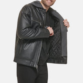 Removable Hoodie Biker Style Mens Leather Jacket