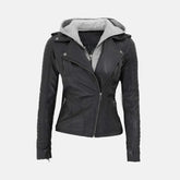 Multi Style Leather Bomber Jacket with Removable Hood | Black
