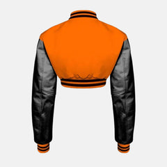Cropped Orange Wool Jacket Black Leather Sleeves Varsity Jacket Women