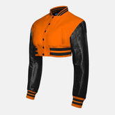 Cropped Orange Wool Jacket Black Leather Sleeves Varsity Jacket Women