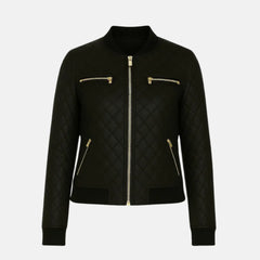 Leather Bomber Slim Fit Moto Style Gold Zippers Quilted Jacket Women