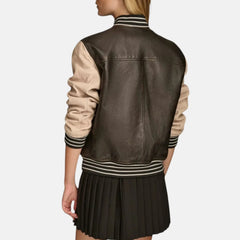 Cowhide Two-Tone Ribbed Trim Varsity Jacket Women