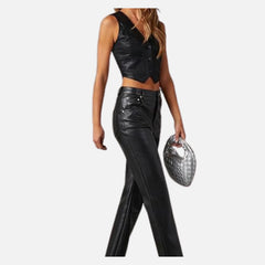 Selene Cropped Sleeveless Vest Button Up Leather Style for Women