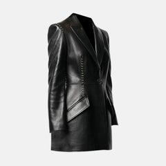 Selene Metal Stitching Studded One Button Women’s Leather Blazer Jacket