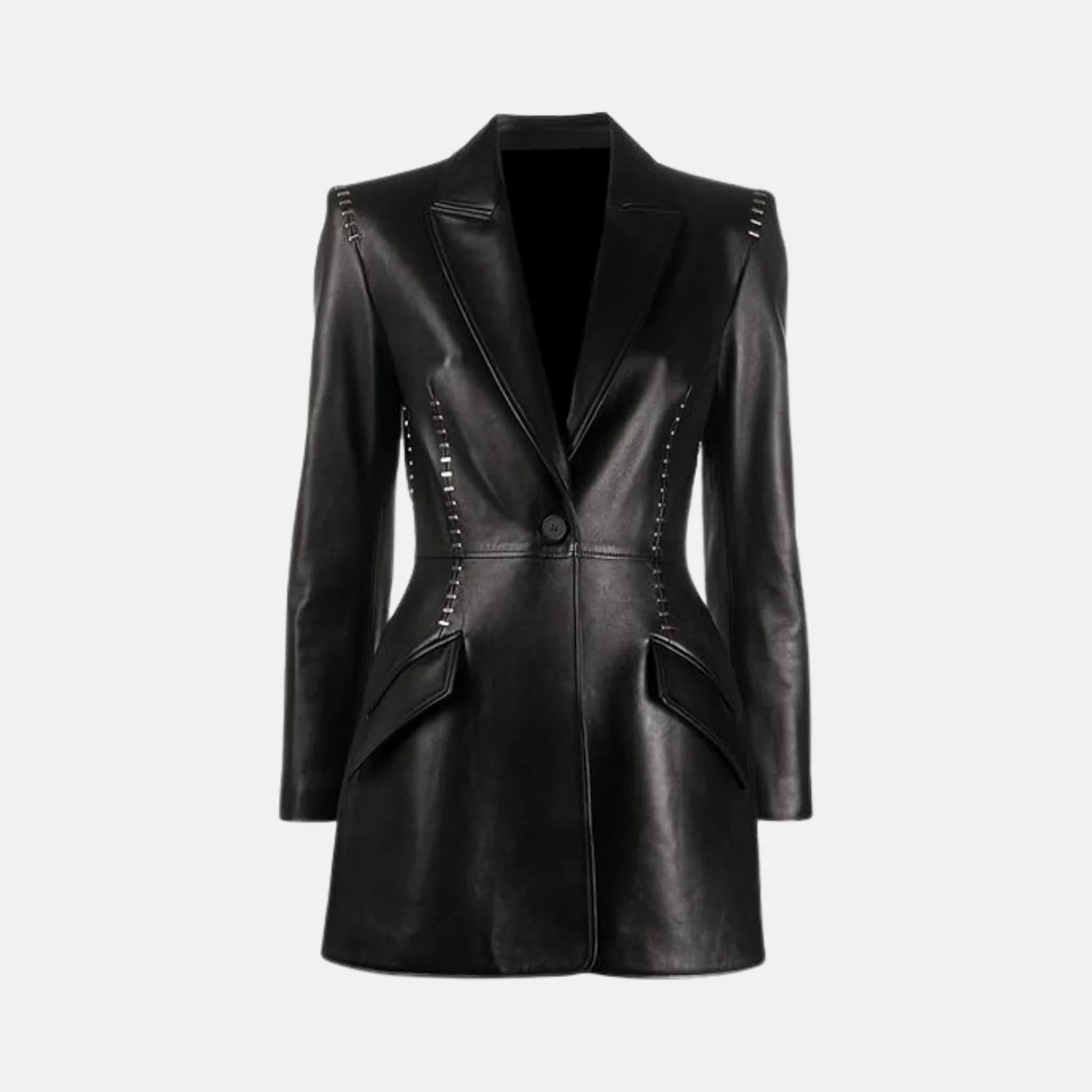 Selene Metal Stitching Studded One Button Women’s Leather Blazer Jacket