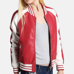 Rib Knit Collar White Strips Bomber Baseball Varsity Jacket Women