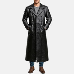 Taviero Vintage Mens Double Breasted Leather Trench Coat