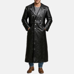 Taviero Vintage Mens Double Breasted Leather Trench Coat