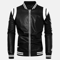 Full Zip Fleece Lined Leather Varsity Bomber Jacket