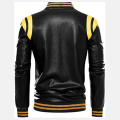 Full Zip Fleece Lined Leather Varsity Bomber Jacket