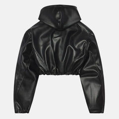 Women’s Zip Up Hooded Leather Jacket Streetwear Look