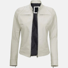 Donna Black White Leather Bomber Jacket for Women