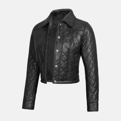 Quilted Black Women’s Cropped Leather Bomber Jacket