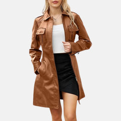 Cressida Women’s Leather Trench Coat Belted Long Sleeve Zip Lapel Overcoat