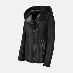 Elara Women’s Hooded Leather Sherpa Shearling Coat