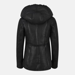 Elara Women’s Hooded Leather Sherpa Shearling Coat