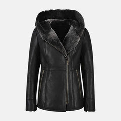 Elara Women’s Hooded Leather Sherpa Shearling Coat