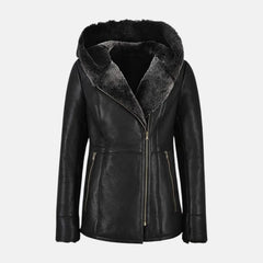 Furry Women’s Hooded Leather Sherpa Shearling Coat