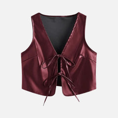 V-Neck Sleeveless Women’s Leather Outerwear Jacket