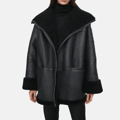 Long Furry Women Bomber Leather Jacket