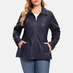 Faux Leather Zip Up Coat With Elastic Rib Quilted Jacket Women