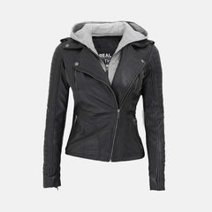 Multi Style Leather Bomber  Jacket with Removable Hood | Black