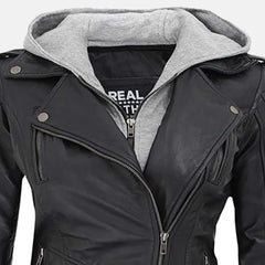 Multi Style Leather Bomber  Jacket with Removable Hood | Black