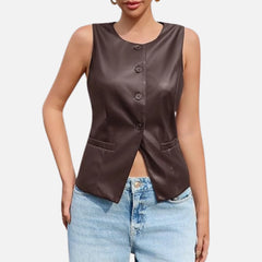 Odette Women’s Sleeveless Leather Vest Business Casual Suit Blazer Style