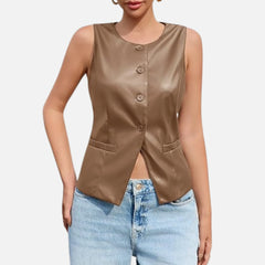 Odette Women’s Sleeveless Leather Vest Business Casual Suit Blazer Style