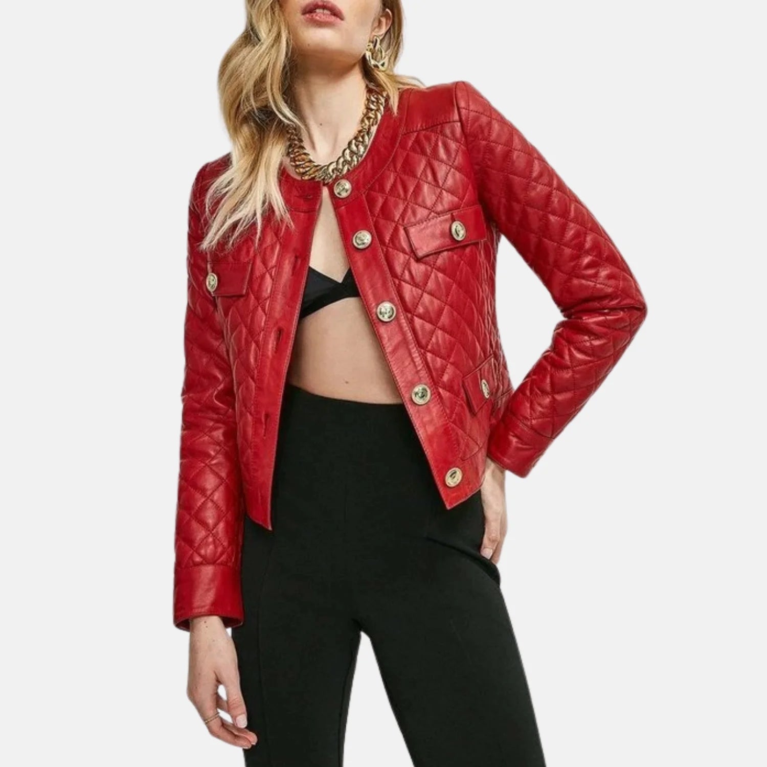 Leather Red Biker Moto Quilted Jacket Women