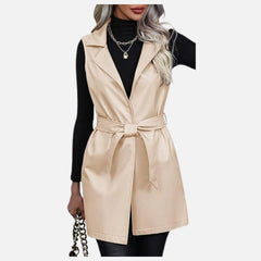 Roxane Sleeveless Open Front Leather Vest Belted Lapel Moto Trench Jacket